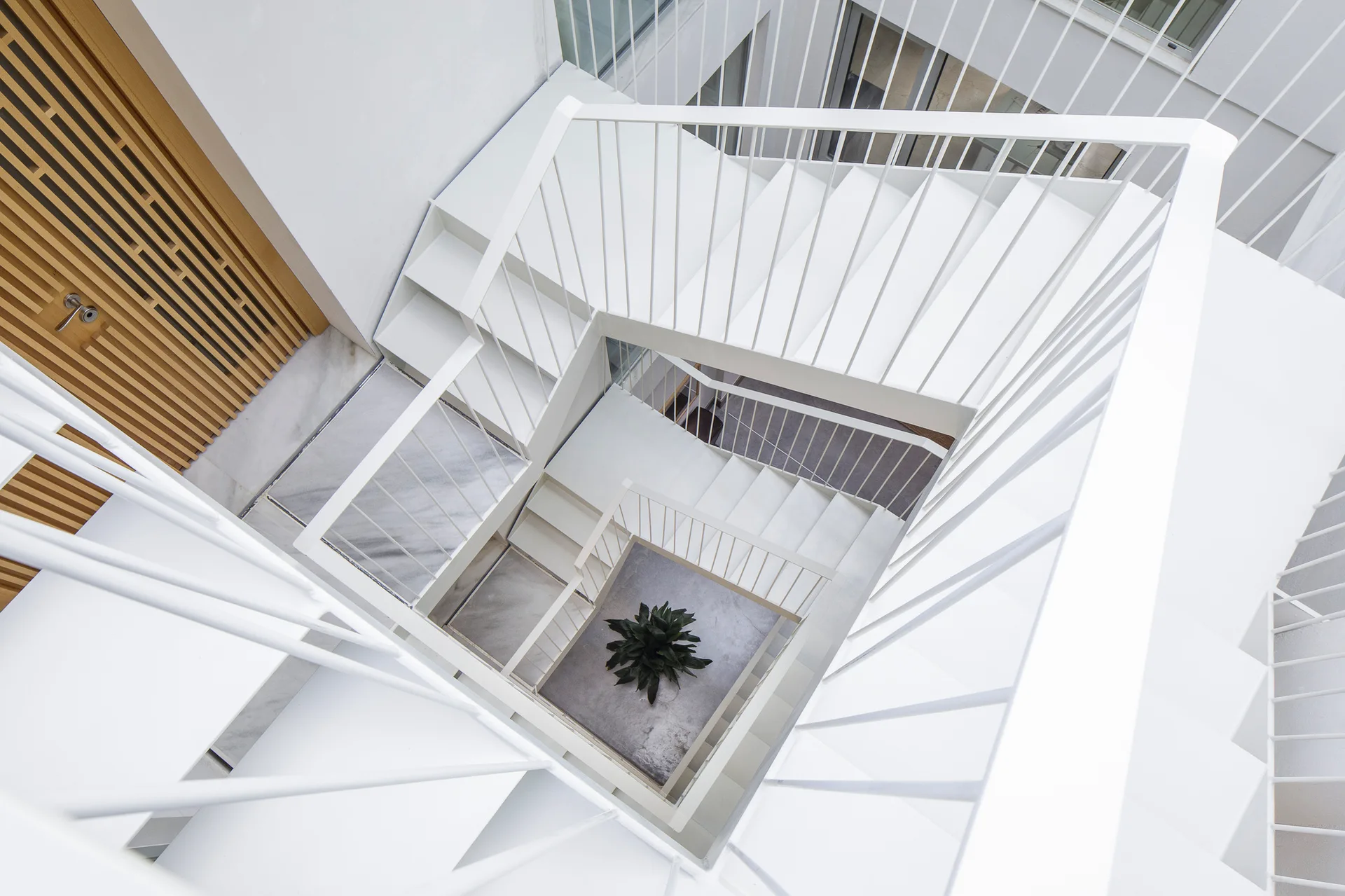 An overhead view looking down a multi-level white geometric staircase with thin metal railings and a potted plant at the bottom.